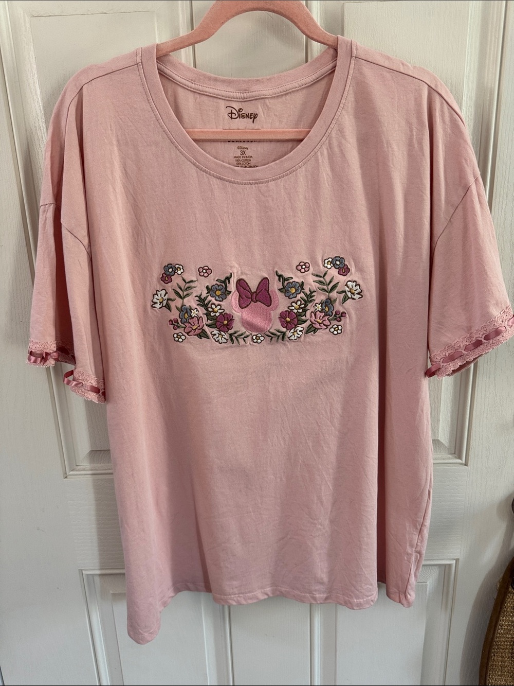 Disney Light Pink Short-Sleeve Tee with Embroidered Floral Bow